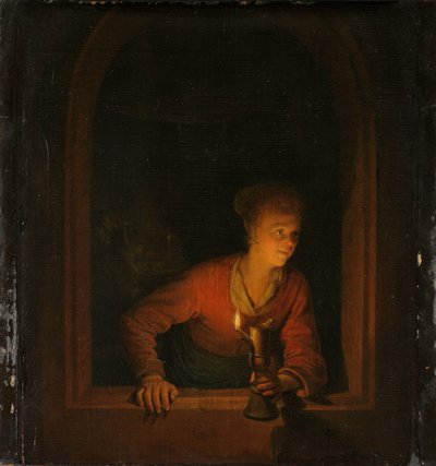 Tyttö öljylampun kanssa ikkunassa tekijältä Gerrit Dou