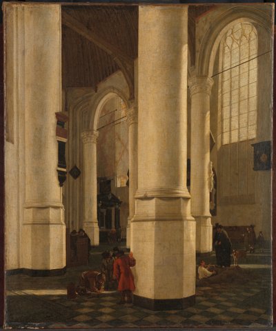 Delftin Oude Kerkin sisätilat vara-amiraali Pieter Pietersz Heijnin haudalla tekijältä Gerard Houckgeest (attributed to)