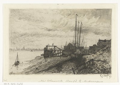 Jokinäkymä Flanderin pää Antwerpenin lähellä (otsikko esineessä) tekijältä Gerard Jan Bos (signed by artist)