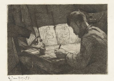 Omakuva piirustuspöydän takana tekijältä Gerard Jan Bos (signed by artist)