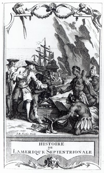 Bacqueville de La Potherien (1663-1736) Histoire de lAmerique septentrionalen etukappale, julkaistu vuonna 1753 (bw-kuva) tekijältä Gerard Jean Baptiste Scotin