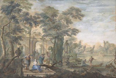 Arkadiaaninen maisema, jossa on useita hahmoja ja Dianan patsas, 1700-luku. tekijältä Gerard Melder