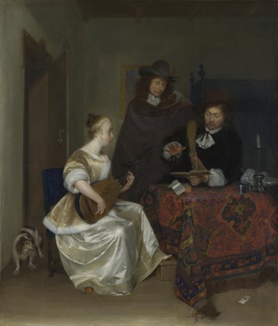 Theorboa soittava nainen kahdelle miehelle, noin 1668 tekijältä Gerard Ter Borch the Younger