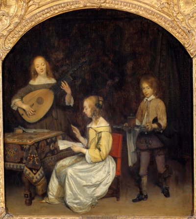 Konsertti: Luth Theorben laulaja ja pelaaja. Gerard Ter Borchin (1617-1681) maalaus, hollantilainen koulu tekijältä Gerard ter Borch