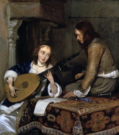 "Nainen soittamassa theorbo-luuttaa ja kavalieri", c1658 tekijältä Gerard Terborch II