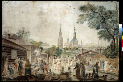Lämpöhoito (Sauna) Moskovassa (hoitokylpy Moskovassa). Gerard de la Barthen maalaus (toimii vuosina 1787-1810). Akvarelli paperille, 45,7 x 66,7 cm, noin 1790. 1700-luvun ranskalaista taidetta. Yksityiskokoelmien museo paikassa A. Pushkin Museum of Fine A tekijältä Gerard de la Barthe