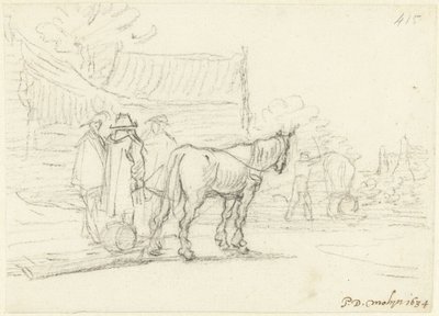 Kolme miestä hevosen ja reen vieressä tekijältä Gerard ter Borch (II)