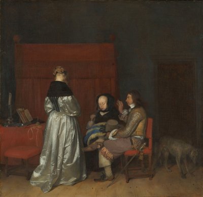 Uljas keskustelu, joka tunnetaan nimellä "isän kehotus" Sisustus, jossa kolme hahmoa puhuvat keskenään; tunnetaan nimellä "isän kehotus" tekijältä Gerard ter Borch (II)