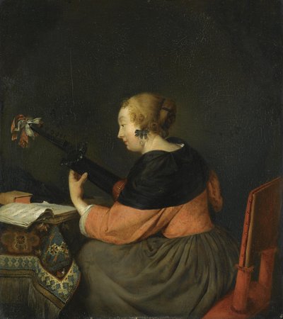 Nainen istuu ja soittaa luuttua tekijältä Gerard ter Borch
