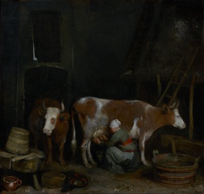 Palvelustyttö lypsää lehmää navetassa tekijältä Gerard ter Borch