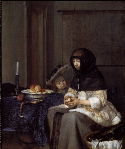 Äiti kuorimassa omenaa (öljy kankaalle tekijältä Gerard ter Borch