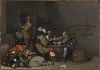 Vartiohuoneen sisätilat, jossa sotilaat tupakoivat ja pelaavat korttia tekijältä Gerard ter Borch