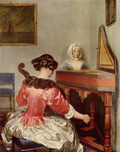 Kaksi naista soittaa musiikkia sisätiloissa tekijältä Gerard ter Borch