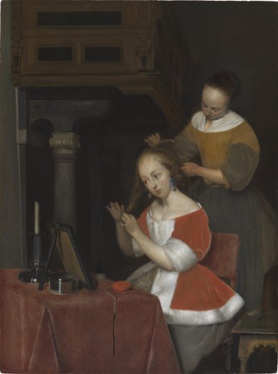 Nainen istuu vessassaan tekijältä Gerard ter Borch