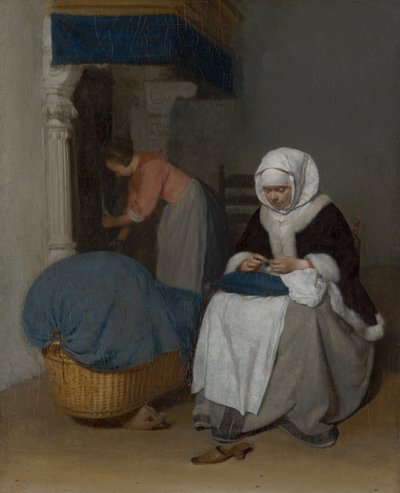 Nainen ompelee kehdon vieressä tekijältä Gerard ter Borch