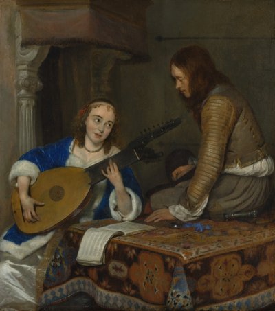 Teorboa soittava nainen ja ratsumies, noin 1658. tekijältä Gerard ter Borch