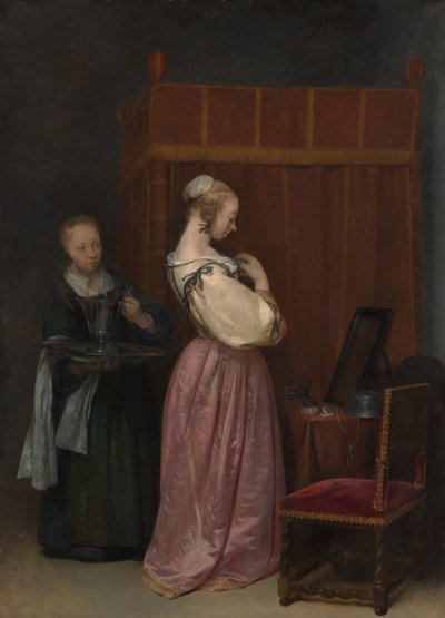 Nuori nainen vessassa piian kanssa, n.1650-51. tekijältä Gerard ter Borch
