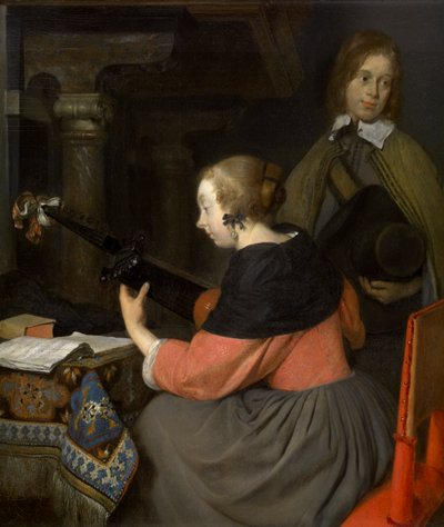 Luutun soitin (öljy paneelissa) tekijältä Gerard ter Borch or Terborch