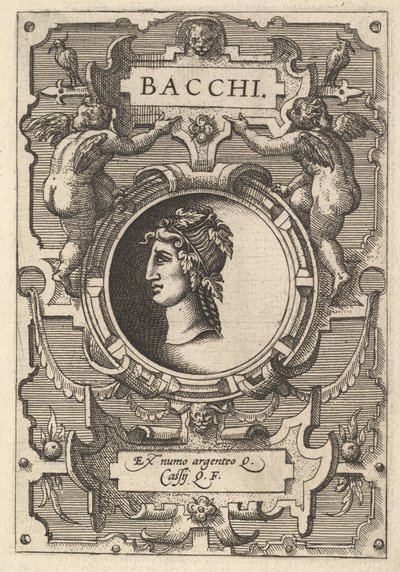 Bacchuksen rintakuva, jota ympäröi nauhanauha, sarjasta Deorum dearumque, kuvasarja, 1573 tekijältä Gerard van Groeningen