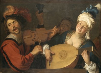 Ranskalainen:  Le Concert Pariskunta musisoi kaiteen takana. tekijältä Gerard van Honthorst