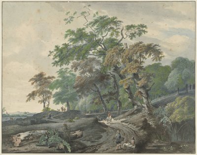 Maisema metsän läpi kulkevalla tiellä ja haukkametsästäjällä tekijältä Gerard van Nijmegen