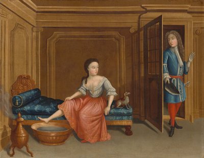 Nainen riisuutumassa kylpyyn, c. 17301740. tekijältä Gerardus Duyckinck