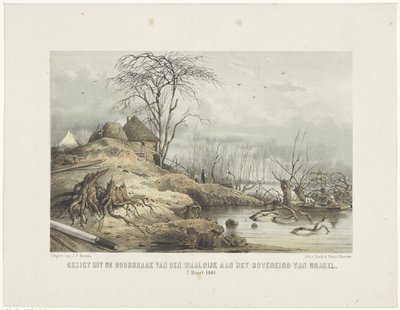 Waaldijkin läpimurto Näkymä den Waaldijkin läpimurrosta Brakelin huipulla 7. maaliskuuta 1801 (otsikko esineessä) tekijältä Gerardus Johannes Bos