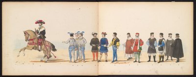 Leidenin opiskelijoiden naamiaiset, 1855 (levy 11) Leidenin opiskelijakunnan jäsenten pukukulkue 12. kesäkuuta 1855 Leidsche Hoogeschool -koulun 280-vuotisjuhlan kunniaksi, ja se kuvaa Kaarle V:n tuloa tekijältä Gerardus Johannes Bos