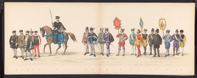 Leidenin opiskelijoiden naamiaiset, 1875 (levy 2) Leidenin ylioppilaskunnan jäsenten pitämä naamiainen 15. kesäkuuta 1875 Leidsche Hoogeschoolin 300-vuotisjuhlan kunniaksi, joka kuvaa Leidsche Hoogeschoolia, joka on kuvattu tekijältä Gerardus Johannes Bos