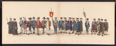 Leidenin opiskelijoiden naamiaiset, 1875 (levy 8) Leidenin ylioppilaskunnan jäsenten pitämä naamiainen 15. kesäkuuta 1875 Leidsche Hoogeschoolin 300-vuotisjuhlan kunniaksi, joka kuvaa Leidsche Hoogeschoolia, joka on kuvattu tekijältä Gerardus Johannes Bos