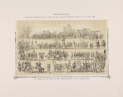 Ihmisten painos. Leydsche Studenten-Corpsin jäsenten naamiaiset 11. kesäkuuta 1860. Anjoun herttuan tulo Antwerpeniin, 19. helmikuuta 1582. (otsikko esineessä) tekijältä Gerardus Johannes Bos