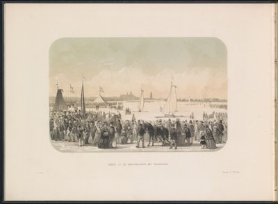 Kilpailu jääpurjeveneistä Maasilla Rotterdamissa, 1855 Näkymä hardsail-juhlille jääveneineen (otsikko esineessä) Jääviihdettä Maasilla Rotterdamissa helmikuussa 1855 kuvatekstein (sarjan nimi esineellä) tekijältä Gerardus Johannes Bos