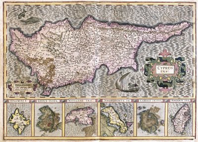 Kypros ja saaret Stalimini (Lemnos) Chios, Mytilene, Negroponte, Cerigo ja Rodos (kaiverrus tekijältä Gerardus Mercator