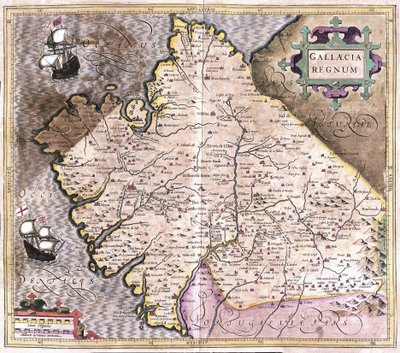 Galicia, Santiago de Compostela, Monforte de Lemos, Luoteis-Espanja (kaiverrus tekijältä Gerardus Mercator