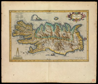 Islandia, Per Gerardum Mercatorem cum privilegio, noin 1595 (tussi, akvarelli, kaiverrus, paperi). tekijältä Gerardus Mercator