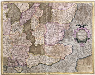 Kaakkois-Englannin alue mukaan lukien British Channel ja Lontoo (kaiverrus tekijältä Gerardus Mercator