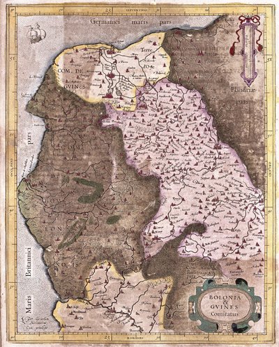 Rantaviiva Berckistä Gravelinesiin, Belgiaan (kaiverrus tekijältä Gerardus Mercator