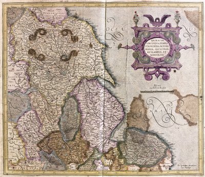 Yorkshire, Lincolnshire, Staffordshire, Nottinghamshire, Leicestershire, Rutland ja Norfolf, Iso-Britannia tekijältä Gerardus Mercator