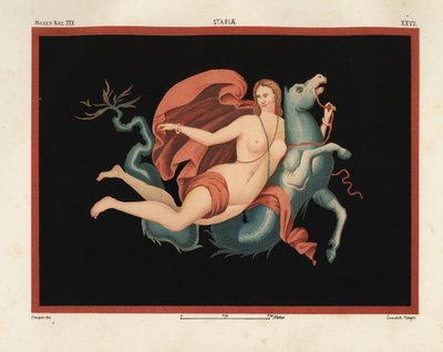 Nereid (merinymfi) vaipassa ja rannekoruissa ratsastamassa merihirviöllä tai hippokampuksella, puoliksi hevonen ja puoliksi kala. Museo Naz. XXII, Stabiae. Piirtänyt ja kromolitografoinut Victor Steeger Emile Presuhnista (1844-1878) Pompejin kauneimmista m tekijältä Geremia Discanno