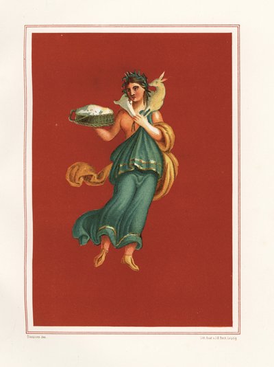 Kevään allegorinen seinämaalaus Regio IX.V.11:n atriumin länsipuolelta. Hän pitää kädessään juustokoria ja kantaa lammasta harteillaan. Kromolitografia J.G. Bach Geremia Discannon Emile Presuhnin (1844-1878) kuvituksen jälkeen tekijältä Geremia Discanno