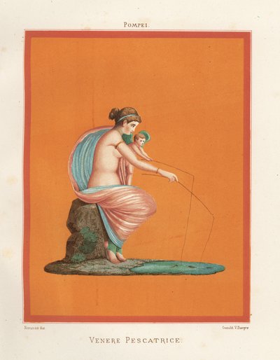 Venuksen seinämaalaus ja Cupidon kalastus vavoilla lammikosta. Löytyy Regio V.V.3:sta, Gladiaattorien talosta. Victor Steegerin kromolitografia Geremia Discannon kuvituksesta Emile Presuhnista (1844-1878) Pompejin kauneimmat maalaukset, tekijältä Geremia Discanno