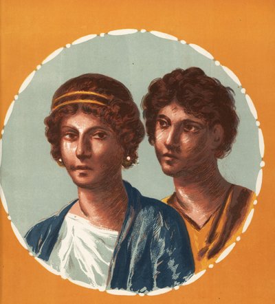 Muotokuva miehestä ja naisesta tuntemattomasta talosta Pompejissa. Victor Steegerin kromolitografia Geremia Discannon kuvituksesta Emile Presuhnista (1844-1878) Pompejin kauneimmat maalaukset, Leipzig tekijältä Geremia Discanno