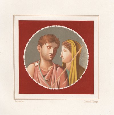 Muotokuva miehestä ja naisesta tuntemattomasta talosta Pompejissa. Victor Steegerin kromolitografia Geremia Discannon kuvituksesta Emile Presuhnista (1844-1878) Pompejin kauneimmat maalaukset, Leipzig tekijältä Geremia Discanno
