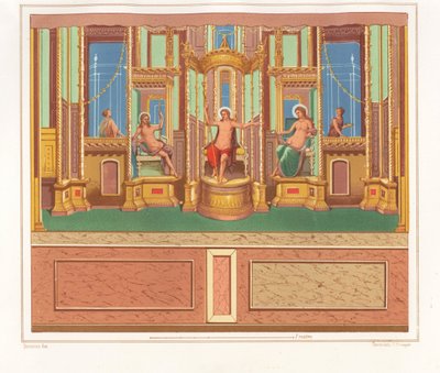 Seinämaalaus, jossa on Bacchus, Venus ja Apollo syrjäiseltä istumapaikalta puutarhan nurkassa Domus M. Herenulli Communis tai House of Apollo, Reg. VI, Ins. VII, nro 23. Victor Steegerin kromolitografi Geremia Discanin kuvituksen jälkeen tekijältä Geremia Discanno
