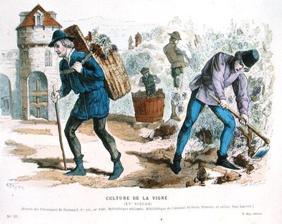 Viininviljely 1500-luvulla, Froissardin Chroniquesin jälkeen, julkaisusta Costumes de Paris a Travers les Siecles, toim. Roy, julkaistu 1887 (värillinen kaiverrus) tekijältä Gerlier (after)