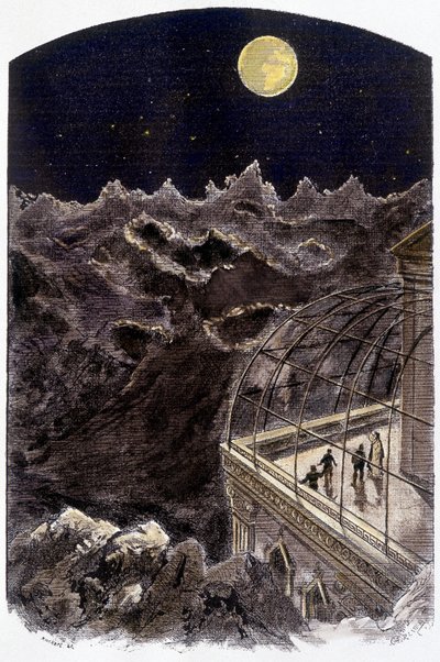 Ihmiset Kuussa tarkkailevat maata - sairas. de Gerlier, teoksessa ""Tuntematon maailma: 2 vuotta kuussa"", Pierre de Sélènes, toim. flammarion tekijältä Gerlier Gerlier