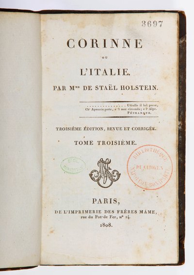 Corinne ou lItalien otsikkosivu, 3. tarkistettu ja laajennettu painos, 3. osa, Imprimerie des Freres Mame, Paris, 1808 (painettu paperi) tekijältä Germaine de Stael