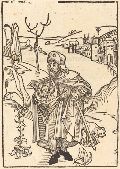 Gerson pyhiinvaeltajana ja kaupunki taustalla tekijältä German 15th Century