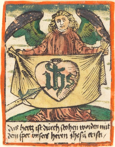 Pyhä monogrammi pyhässä sydämessä enkelin pitämässä kankaassa tekijältä German 15th Century