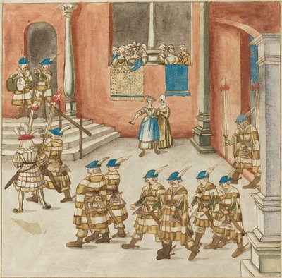 Ritareiden kulkue naisten katselemina parvekkeella tekijältä German 16th Century